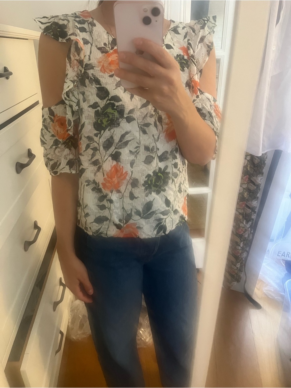 Club Monaco White Cold-Shoulder Floral Blouse with Orange Accents